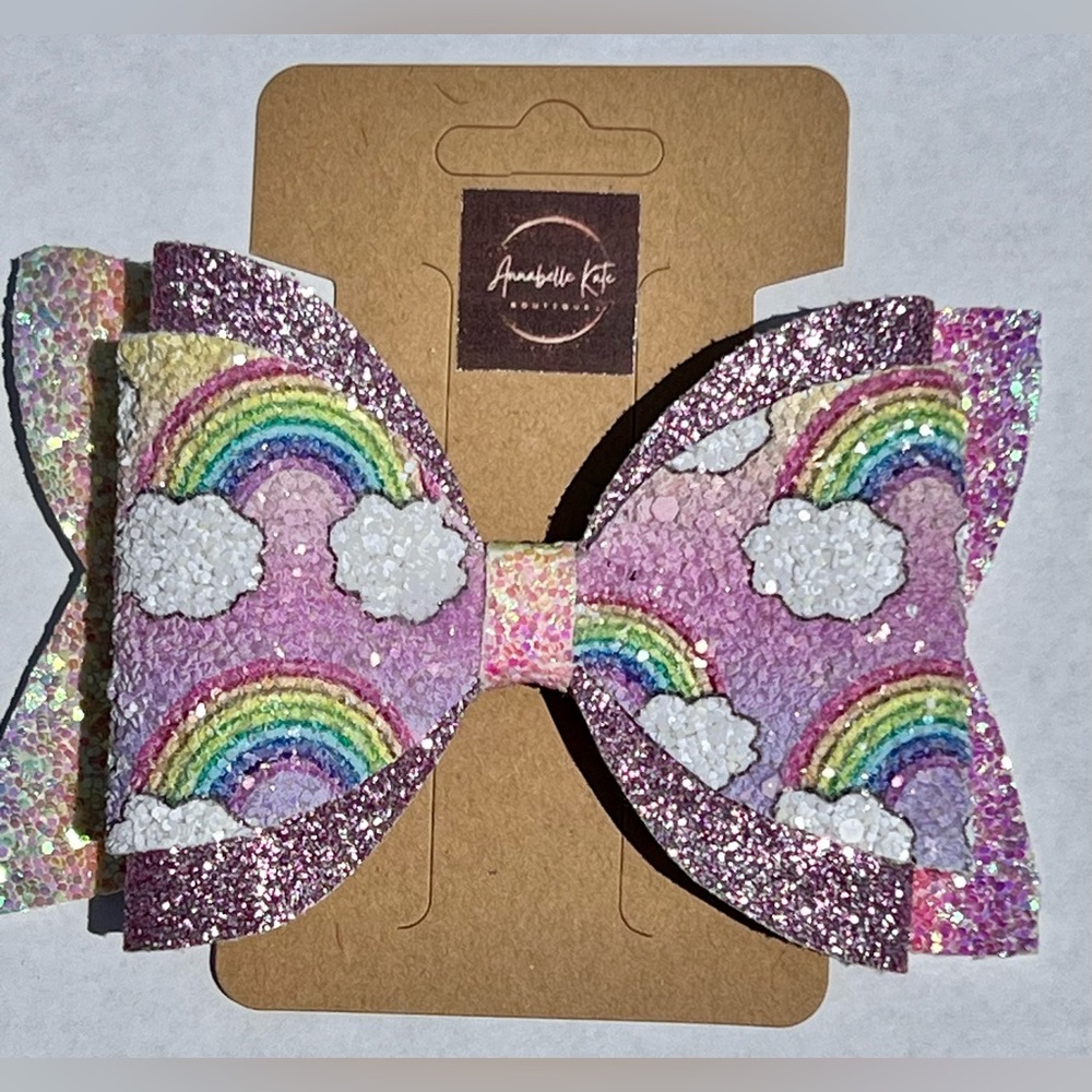 Boutique Custom Made Faux Leather Rainbow Print with Pink Glitter Hair Bow - Picture 1 of 6